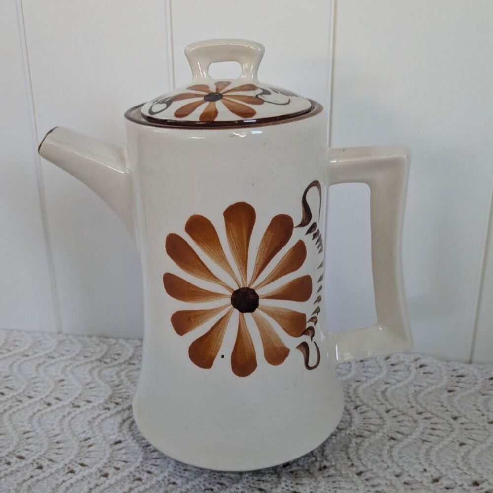 Retro Style Hand Painted Ceramic Coffee Pot - Brown Flowers